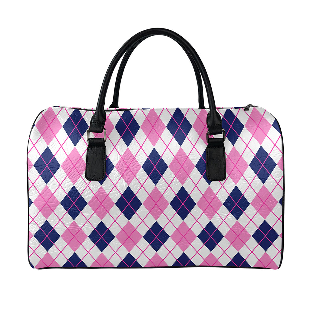 White Pink And Blue Argyle Pattern Print Leather Duffle Bag
