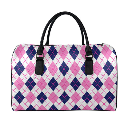 White Pink And Blue Argyle Pattern Print Leather Duffle Bag