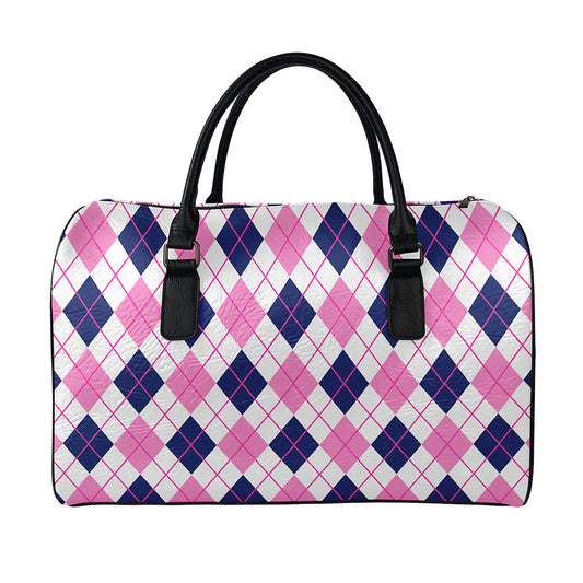 White Pink And Blue Argyle Pattern Print Leather Duffle Bag