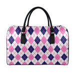 White Pink And Blue Argyle Pattern Print Leather Duffle Bag