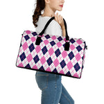 White Pink And Blue Argyle Pattern Print Leather Duffle Bag