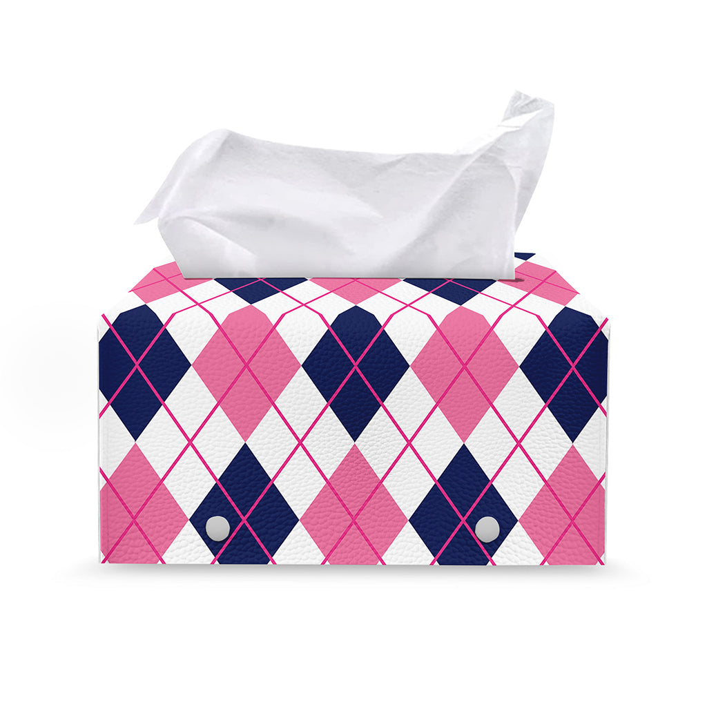 White Pink And Blue Argyle Pattern Print Leather Tissue Box Cover