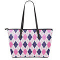 White Pink And Blue Argyle Pattern Print Leather Tote Bag With Zipper