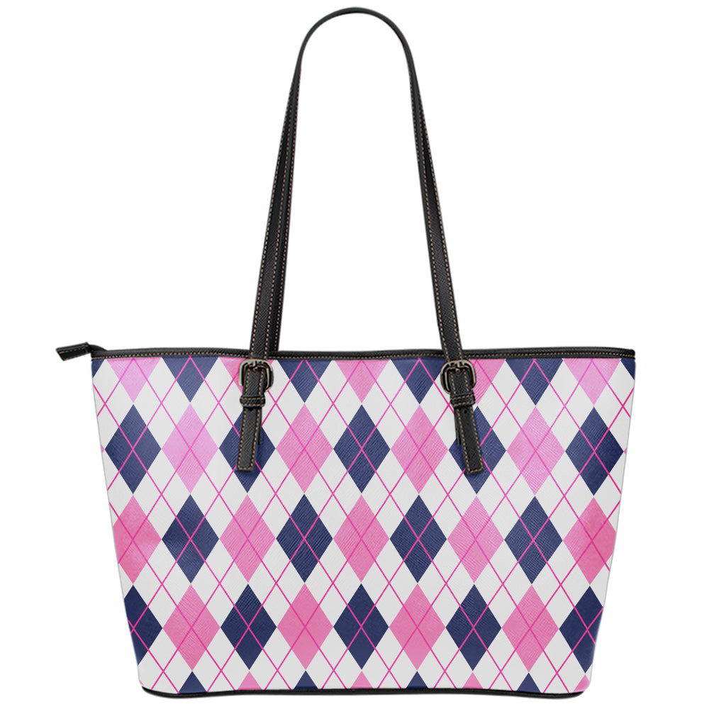 White Pink And Blue Argyle Pattern Print Leather Tote Bag