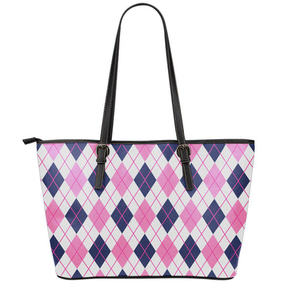 White Pink And Blue Argyle Pattern Print Leather Tote Bag