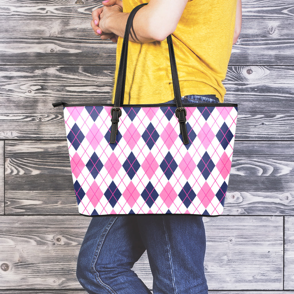 White Pink And Blue Argyle Pattern Print Leather Tote Bag