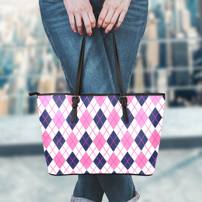 White Pink And Blue Argyle Pattern Print Leather Tote Bag