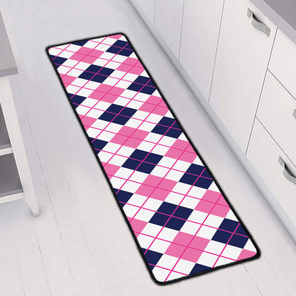 White Pink And Blue Argyle Pattern Print Long Kitchen Mat