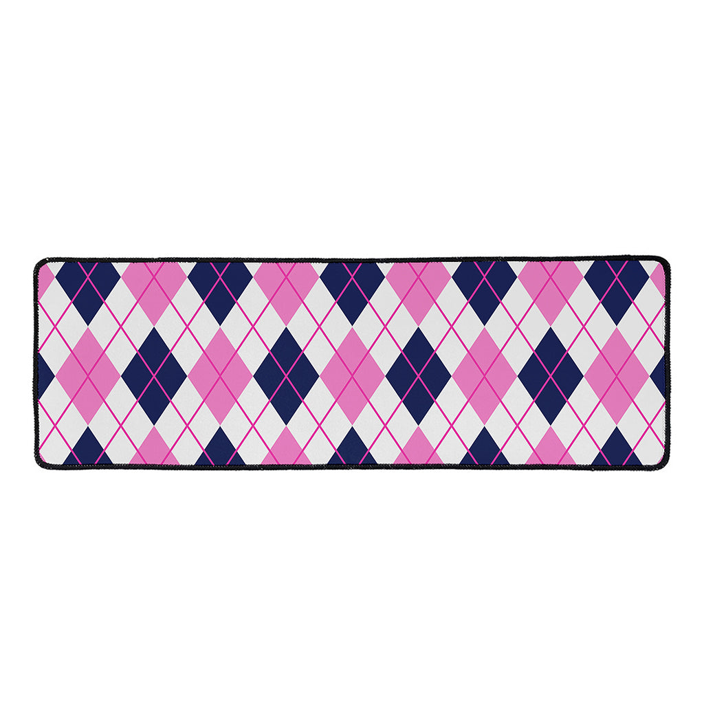 White Pink And Blue Argyle Pattern Print Long Kitchen Mat