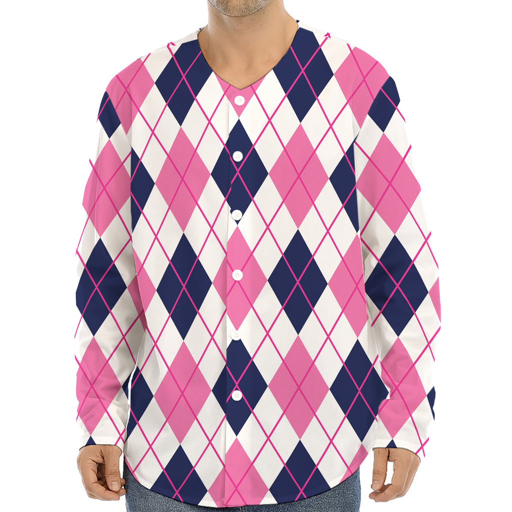 White Pink And Blue Argyle Pattern Print Long Sleeve Baseball Jersey