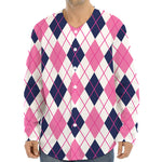 White Pink And Blue Argyle Pattern Print Long Sleeve Baseball Jersey