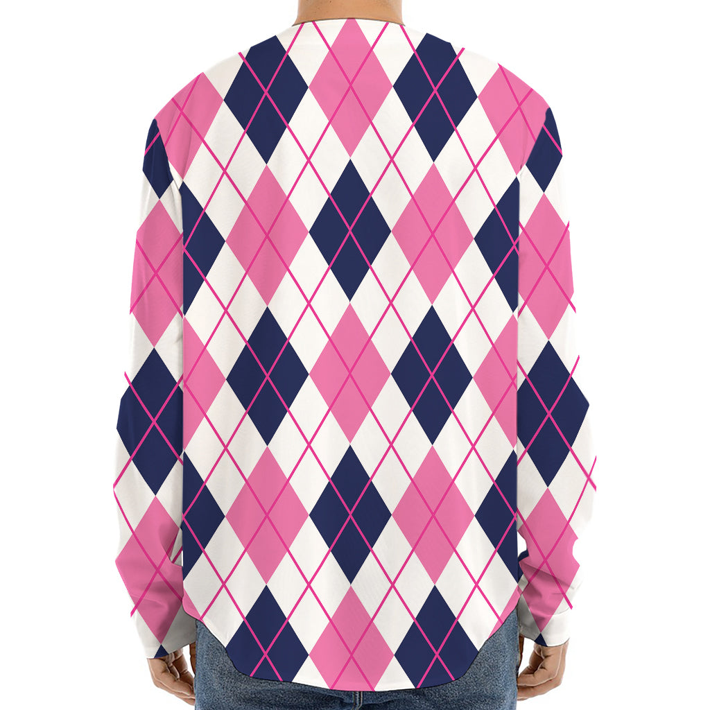 White Pink And Blue Argyle Pattern Print Long Sleeve Baseball Jersey