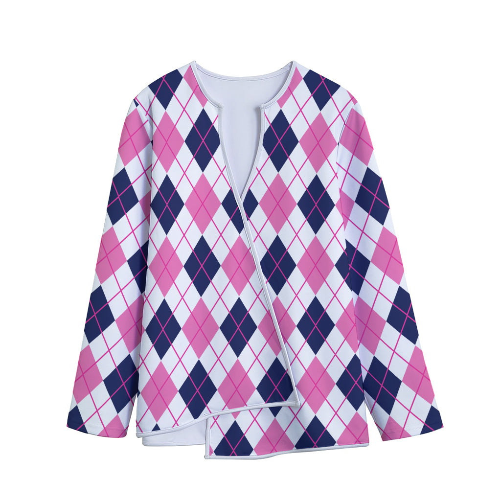 White Pink And Blue Argyle Pattern Print Long Sleeve Short Coat