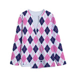 White Pink And Blue Argyle Pattern Print Long Sleeve Short Coat
