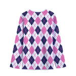 White Pink And Blue Argyle Pattern Print Long Sleeve Short Coat