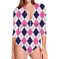 White Pink And Blue Argyle Pattern Print Long Sleeve Swimsuit