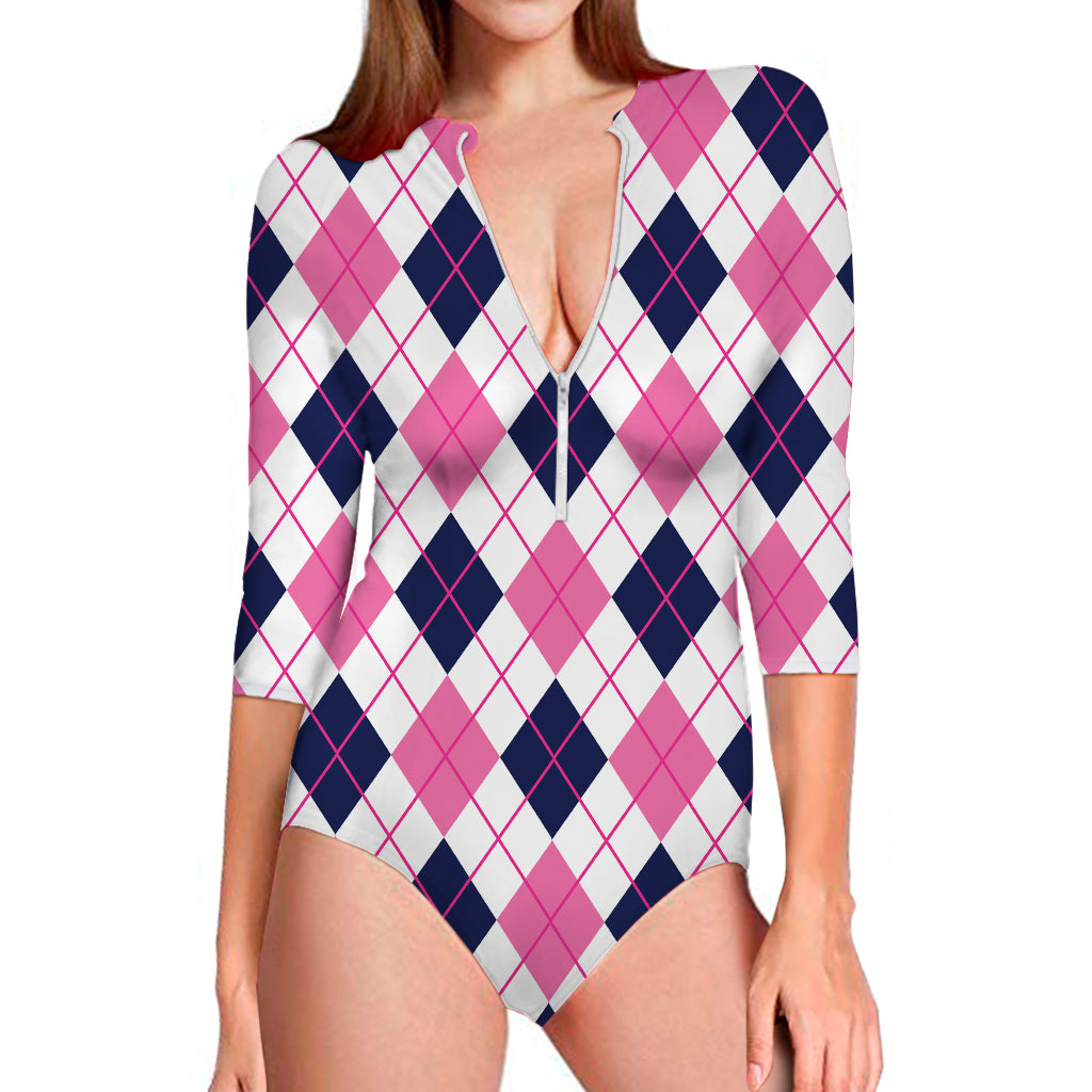 White Pink And Blue Argyle Pattern Print Long Sleeve Swimsuit
