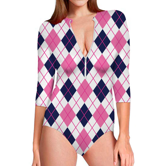 White Pink And Blue Argyle Pattern Print Long Sleeve Swimsuit