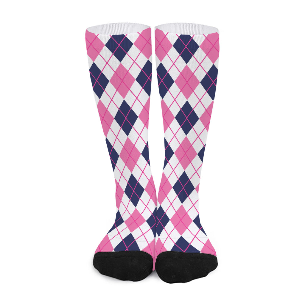 White Pink And Blue Argyle Pattern Print Long Socks