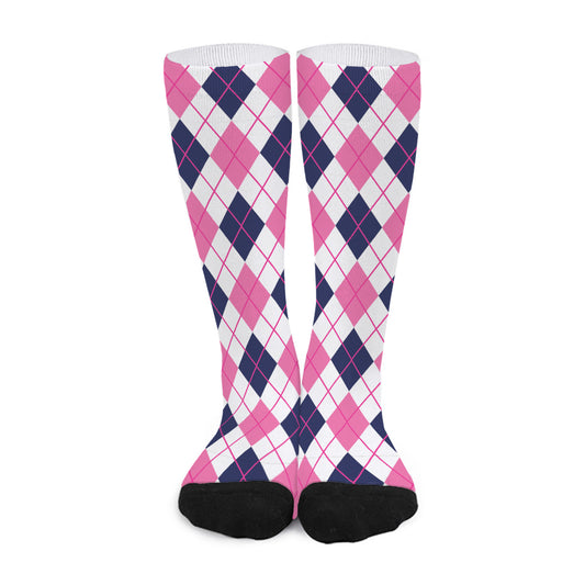 White Pink And Blue Argyle Pattern Print Long Socks