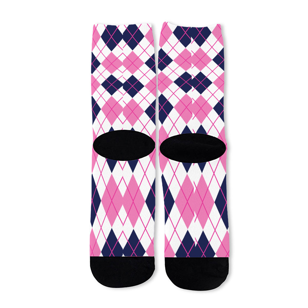 White Pink And Blue Argyle Pattern Print Long Socks