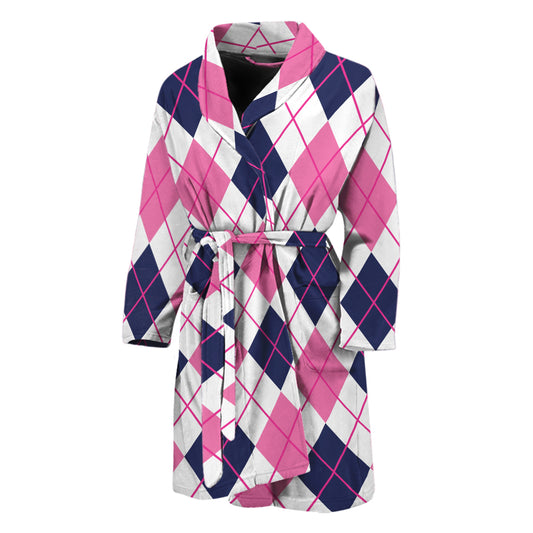 White Pink And Blue Argyle Pattern Print Men's Bathrobe