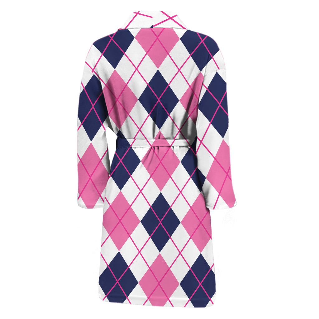 White Pink And Blue Argyle Pattern Print Men's Bathrobe