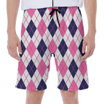 White Pink And Blue Argyle Pattern Print Men's Beach Shorts