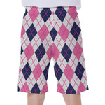 White Pink And Blue Argyle Pattern Print Men's Beach Shorts