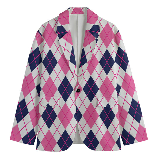 White Pink And Blue Argyle Pattern Print Men's Blazer