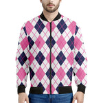 White Pink And Blue Argyle Pattern Print Men's Bomber Jacket