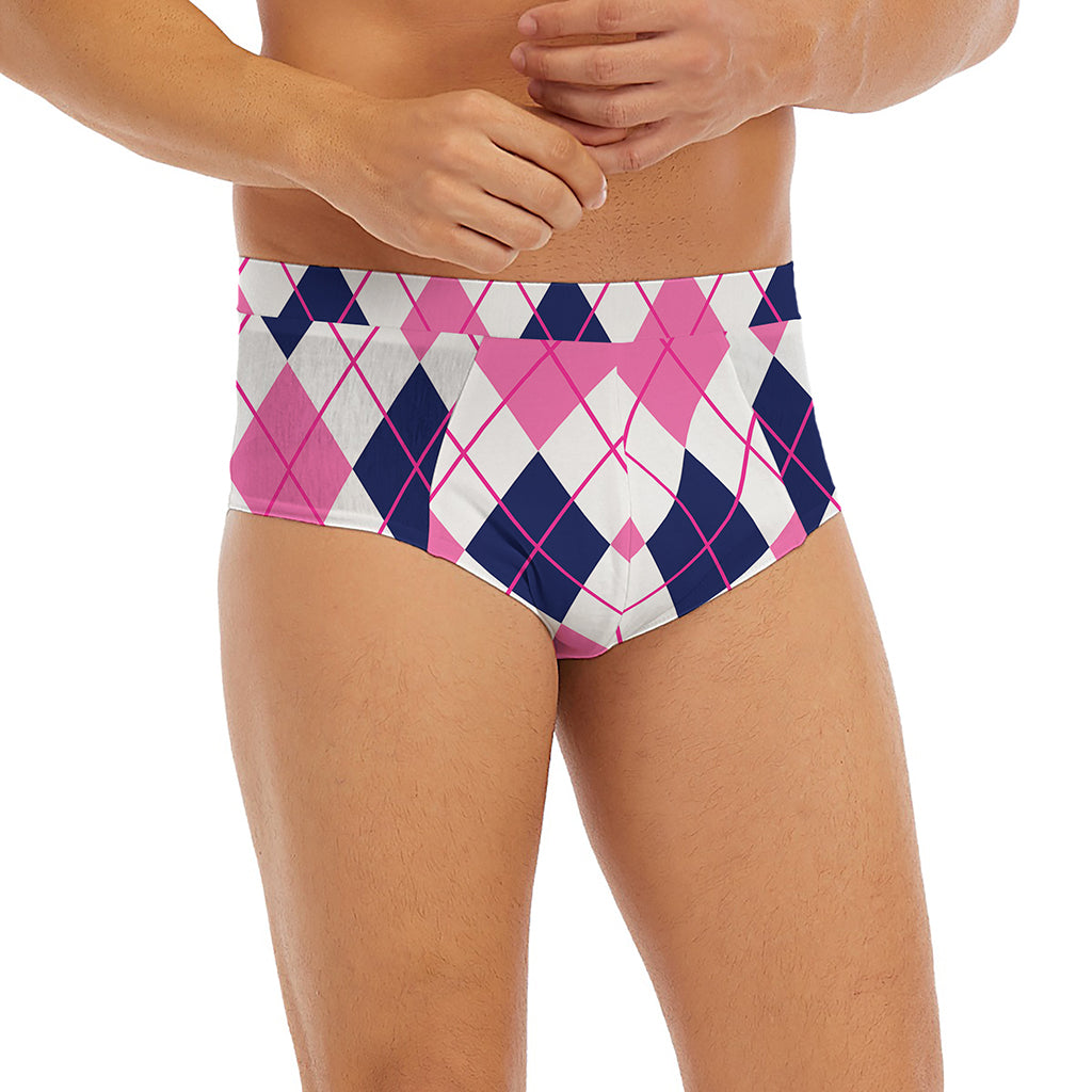 White Pink And Blue Argyle Pattern Print Men's Briefs