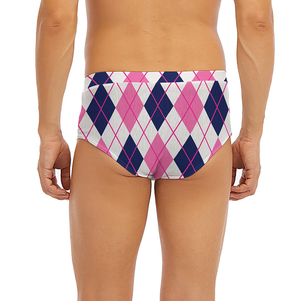 White Pink And Blue Argyle Pattern Print Men's Briefs