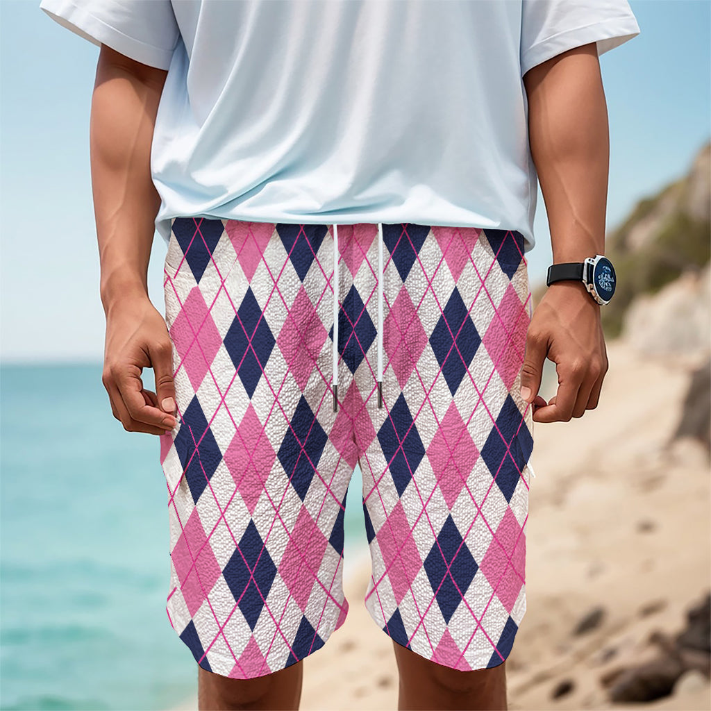 White Pink And Blue Argyle Pattern Print Men's Cargo Shorts