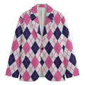 White Pink And Blue Argyle Pattern Print Men's Cotton Blazer