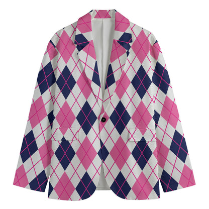 White Pink And Blue Argyle Pattern Print Men's Cotton Blazer