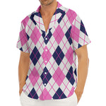White Pink And Blue Argyle Pattern Print Men's Deep V-Neck Shirt