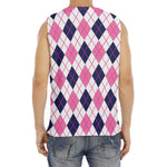 White Pink And Blue Argyle Pattern Print Men's Fitness Tank Top