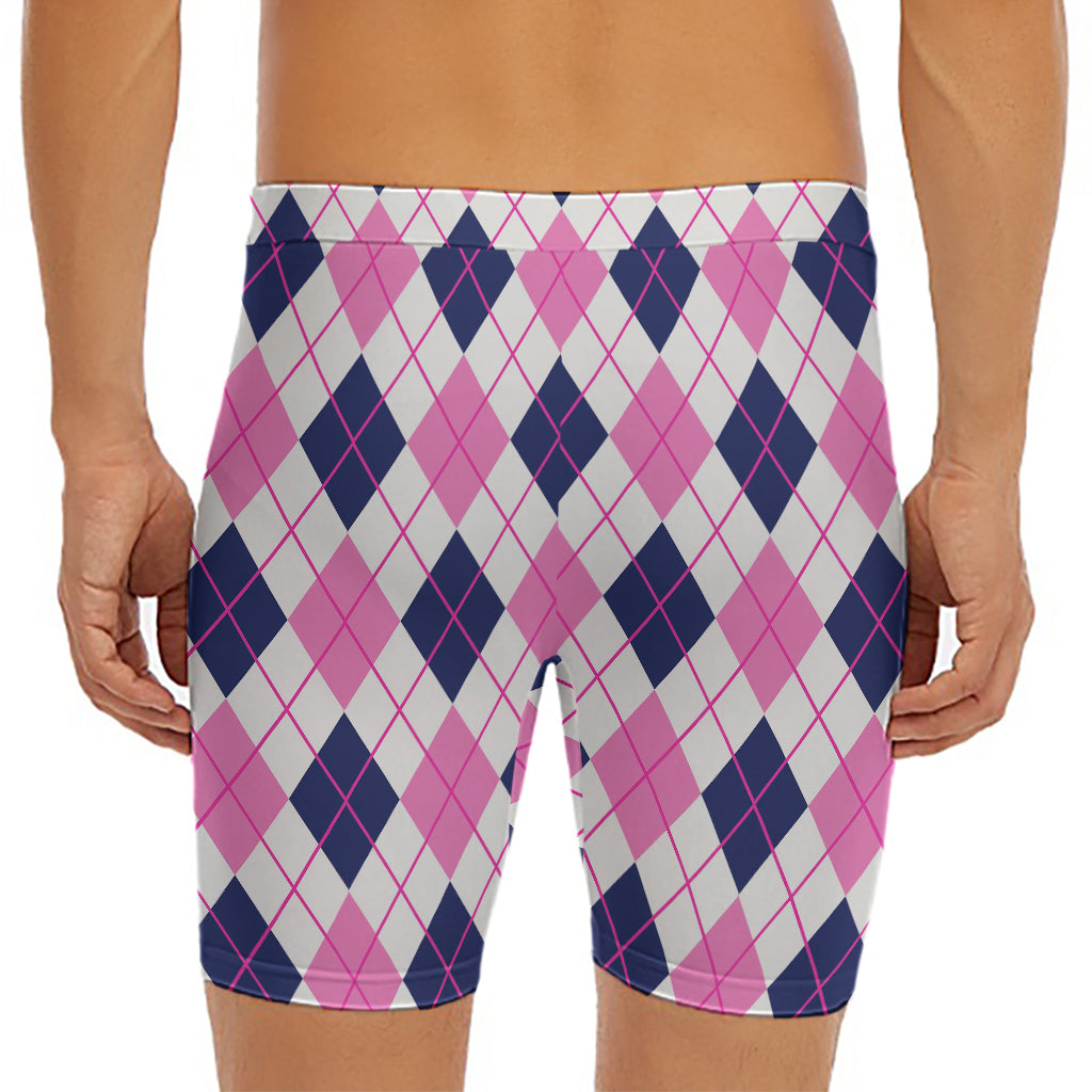 White Pink And Blue Argyle Pattern Print Men's Long Boxer Briefs