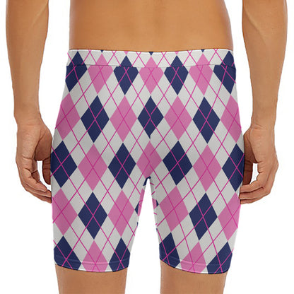 White Pink And Blue Argyle Pattern Print Men's Long Boxer Briefs