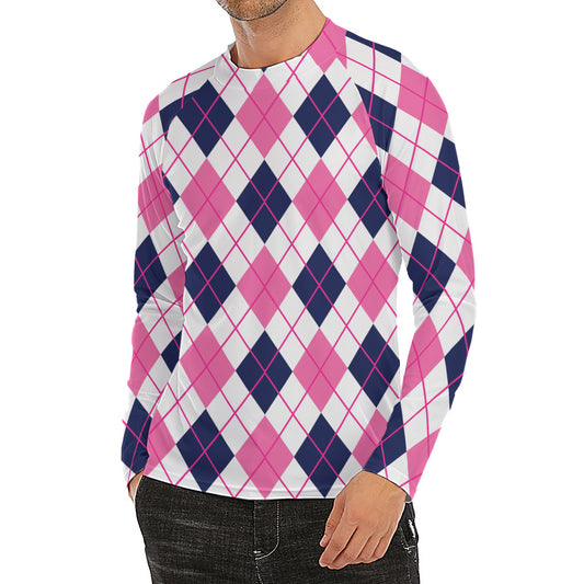 White Pink And Blue Argyle Pattern Print Men's Long Sleeve Rash Guard