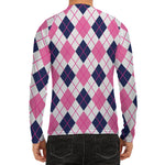 White Pink And Blue Argyle Pattern Print Men's Long Sleeve Rash Guard