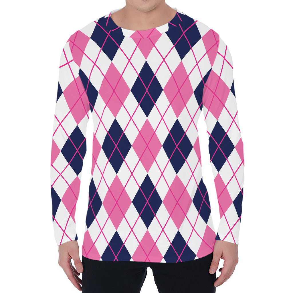 White Pink And Blue Argyle Pattern Print Men's Long Sleeve T-Shirt