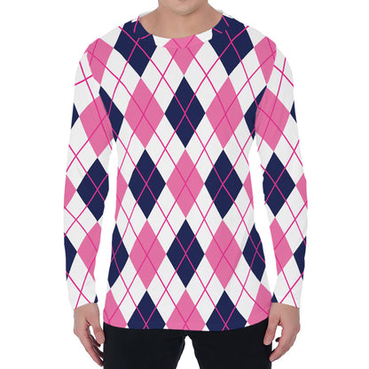 White Pink And Blue Argyle Pattern Print Men's Long Sleeve T-Shirt
