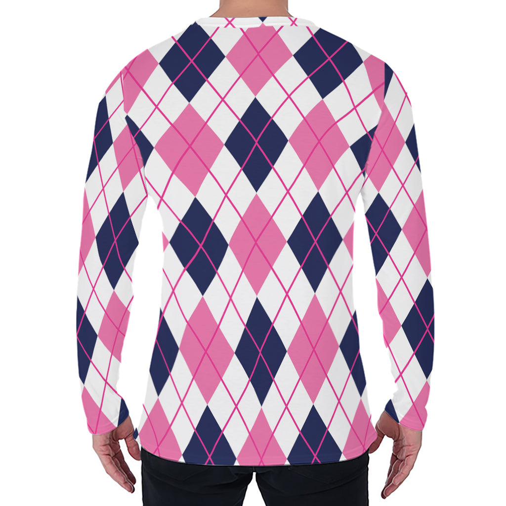 White Pink And Blue Argyle Pattern Print Men's Long Sleeve T-Shirt