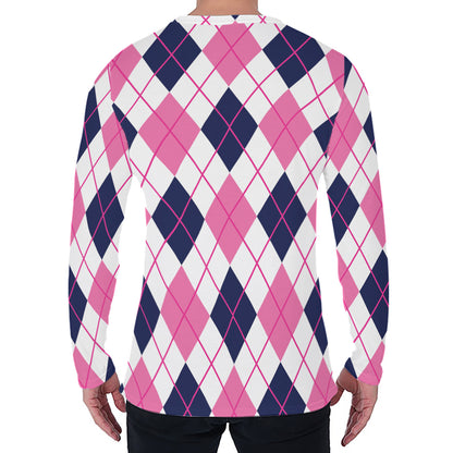 White Pink And Blue Argyle Pattern Print Men's Long Sleeve T-Shirt