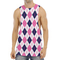 White Pink And Blue Argyle Pattern Print Men's Muscle Tank Top