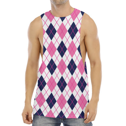 White Pink And Blue Argyle Pattern Print Men's Muscle Tank Top