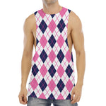 White Pink And Blue Argyle Pattern Print Men's Muscle Tank Top