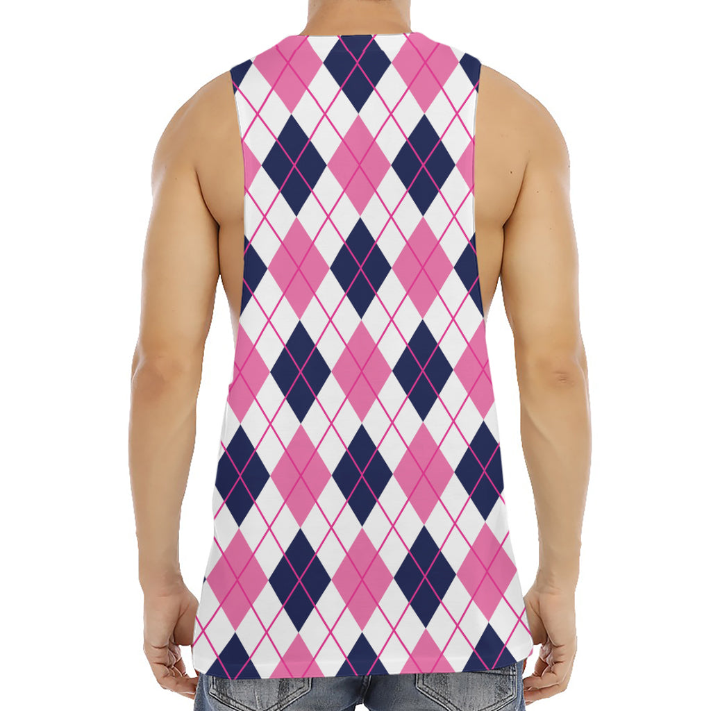 White Pink And Blue Argyle Pattern Print Men's Muscle Tank Top